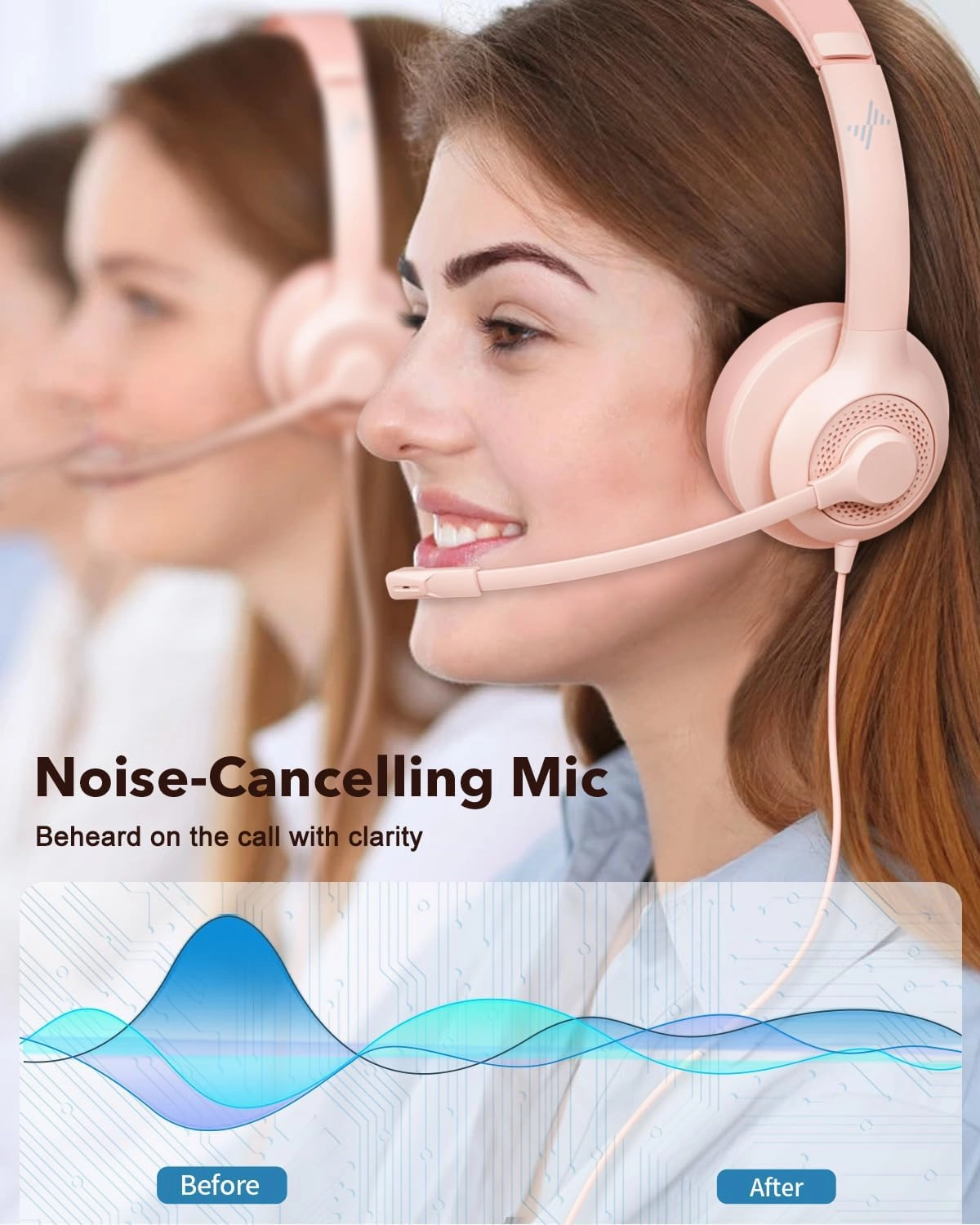 USB Headset with Microphone for PC, On-Ear Computer Laptop Headphones with Noise Cancelling Mic in-line Control for Home Office Online Class Zoom (USB 3.5mm, Pink)