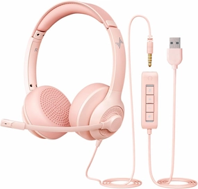 USB Headset with Microphone for PC, On-Ear Computer Laptop Headphones with Noise Cancelling Mic in-line Control for Home Office Online Class Zoom (USB 3.5mm, Pink) noise cancelling headphones,ANC headphones,travel headphones,