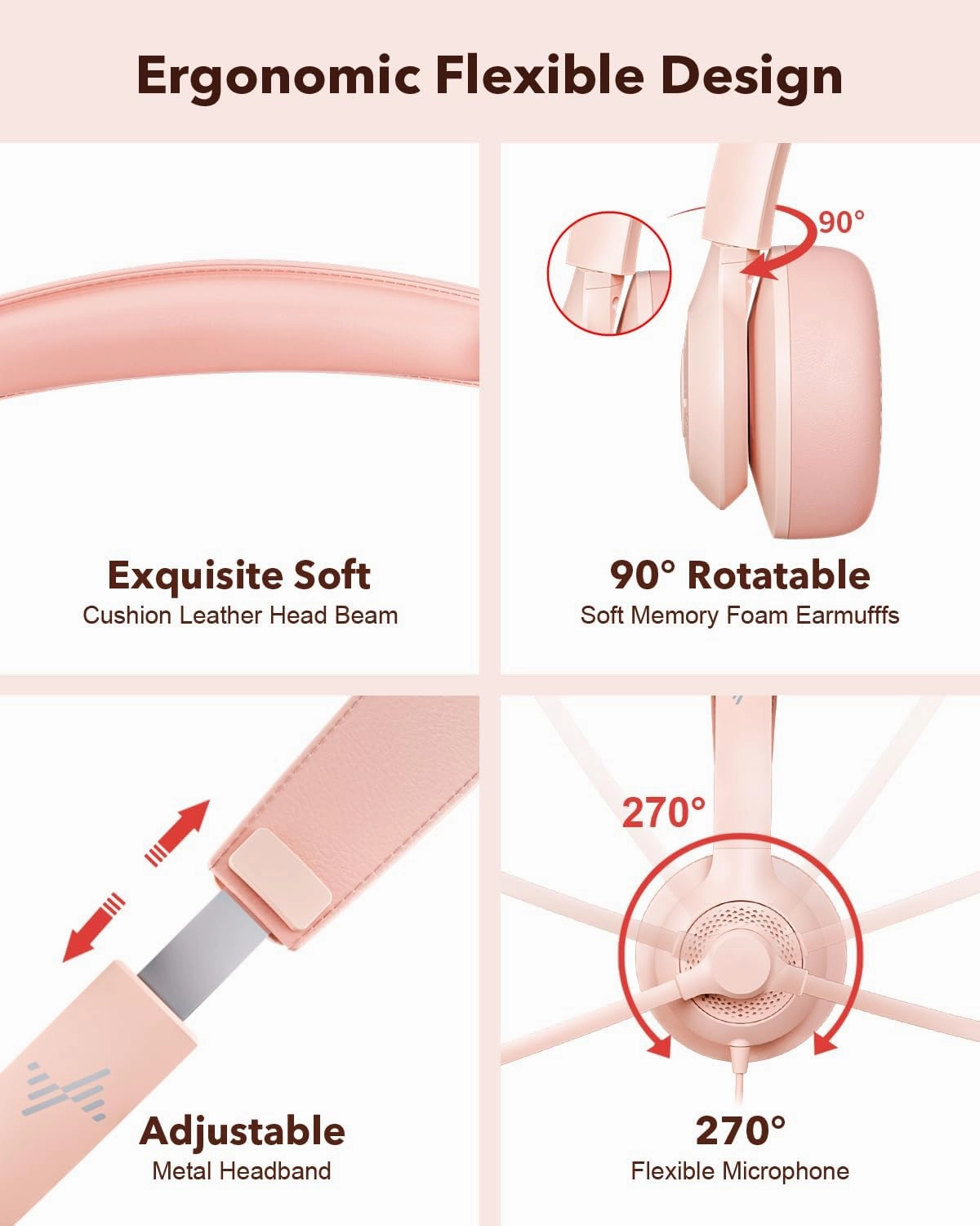 USB Headset with Microphone for PC, On-Ear Computer Laptop Headphones with Noise Cancelling Mic in-line Control for Home Office Online Class Zoom (USB 3.5mm, Pink)