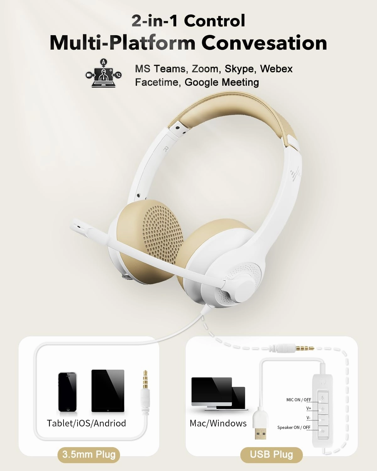 USB Headset with Microphone for PC, On-Ear Computer Laptop Headphones with Noise Cancelling Mic in-line Control for Home Office Online Class Zoom (USB 3.5mm, White)