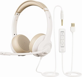 USB Headset with Microphone for PC, On-Ear Computer Laptop Headphones with Noise Cancelling Mic in-line Control for Home Office Online Class Zoom (USB 3.5mm, White) noise cancelling headphones,ANC headphones,travel headphones,