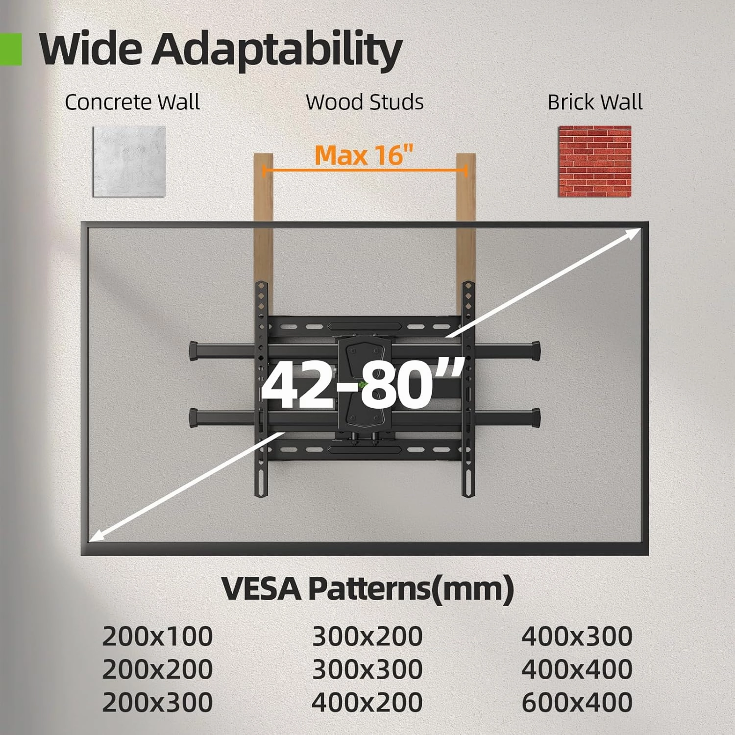 USX MOUNT Full Motion TV Wall Mount for 42-80 Inch TVs up to 132lbs, Wall Mount TV Bracket with Articulating Swivel Tilt Extension Leveling, Max VESA 600x400mm Fits 12/16" Wood Stud