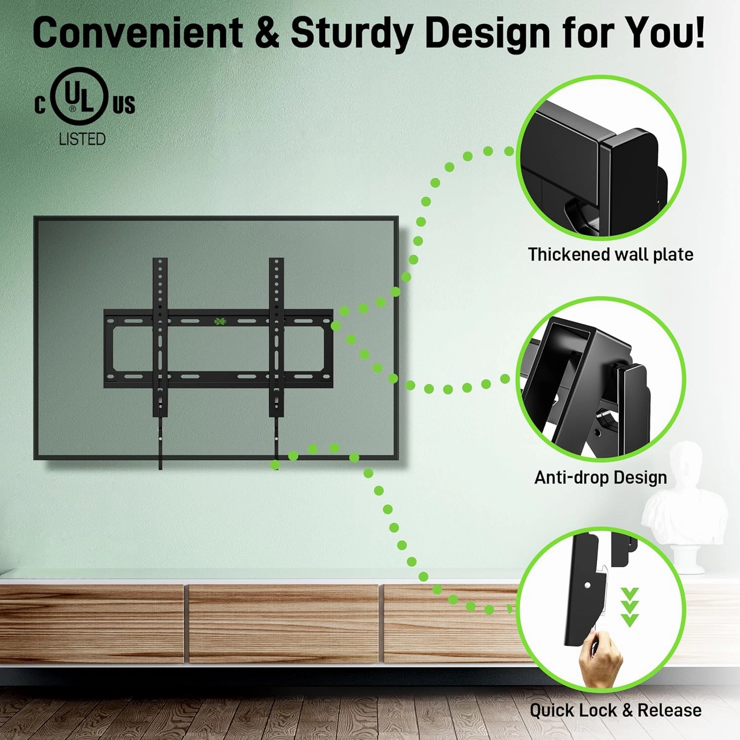 USX Mount UL Listed TV Mount Low Profile for Most 26-60" Flat Screen LED, LCD, Curved TVs, TV Wall Mount Bracket Tilt VESA 400x400mm- Up to 99lbs, Quick Lock and Release to Mounts on 12" 16" Stud