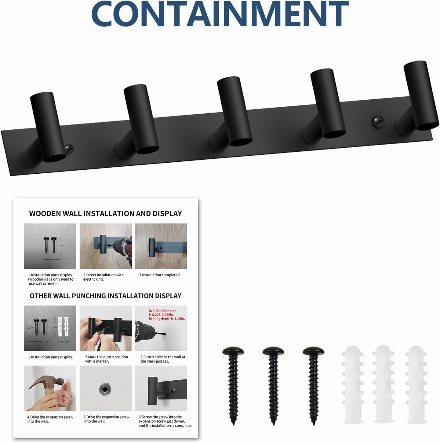 VAEHOLD Black Hat and Coat Wall Mount Rack 5 Hooks for Robes, Bags, Keys, and Towels Bathroom Towel Hanger Organizer (1 Pack)
