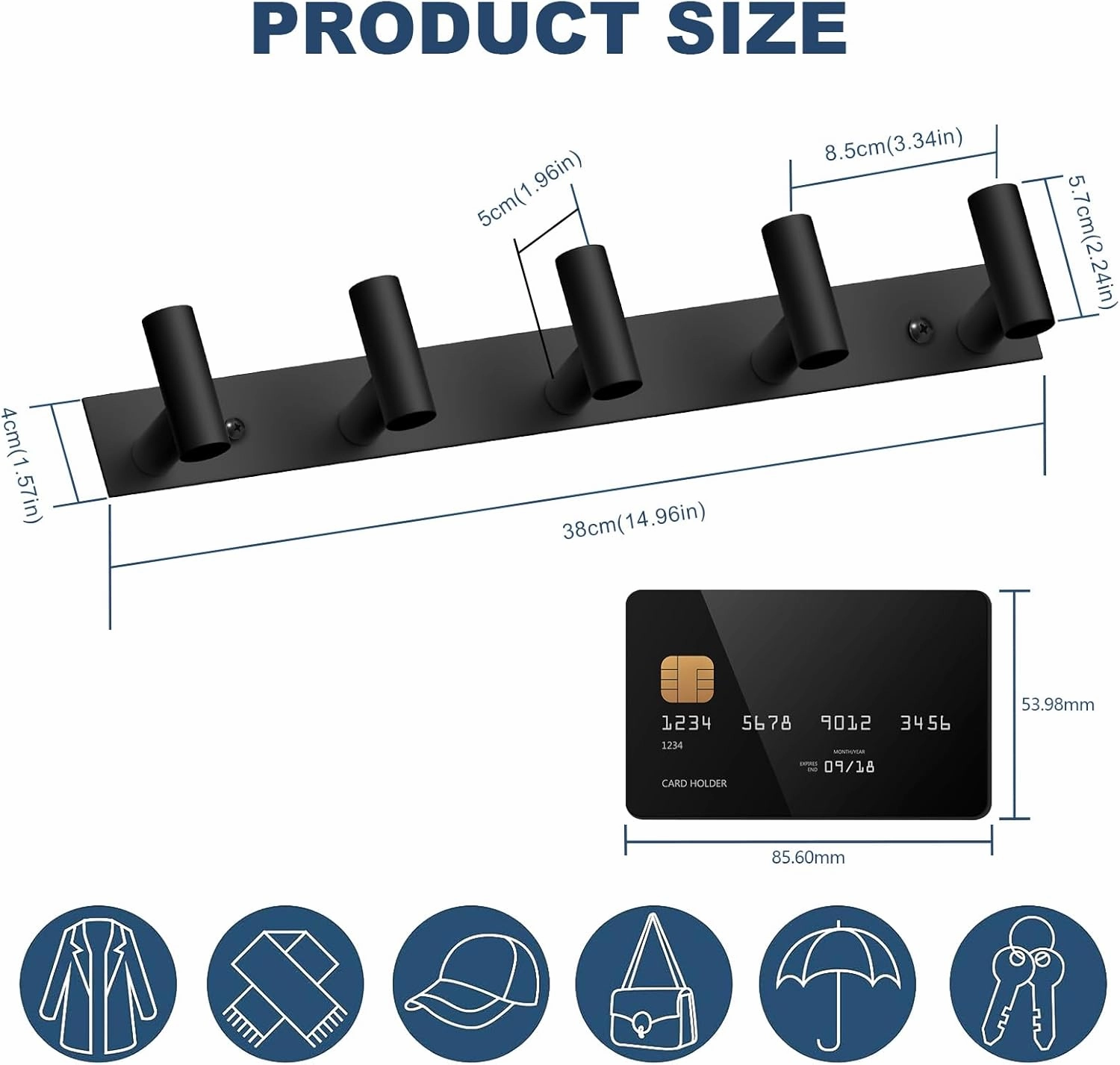 VAEHOLD Black Hat and Coat Wall Mount Rack 5 Hooks for Robes, Bags, Keys, and Towels Bathroom Towel Hanger Organizer (1 Pack)