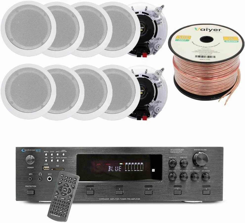 Vaiyer Home Audio System Kit, 6-Channel 6000 Watts Bluetooth Amplifier with 5.25" 10 Qty of 175 W Each in-Wall in-Ceiling Speakers & 16AWG 500 ft. Speaker Wire - Perfect for Home, Office, Restaurants integrated amplifier,stereo receiver,hi-fi amp 