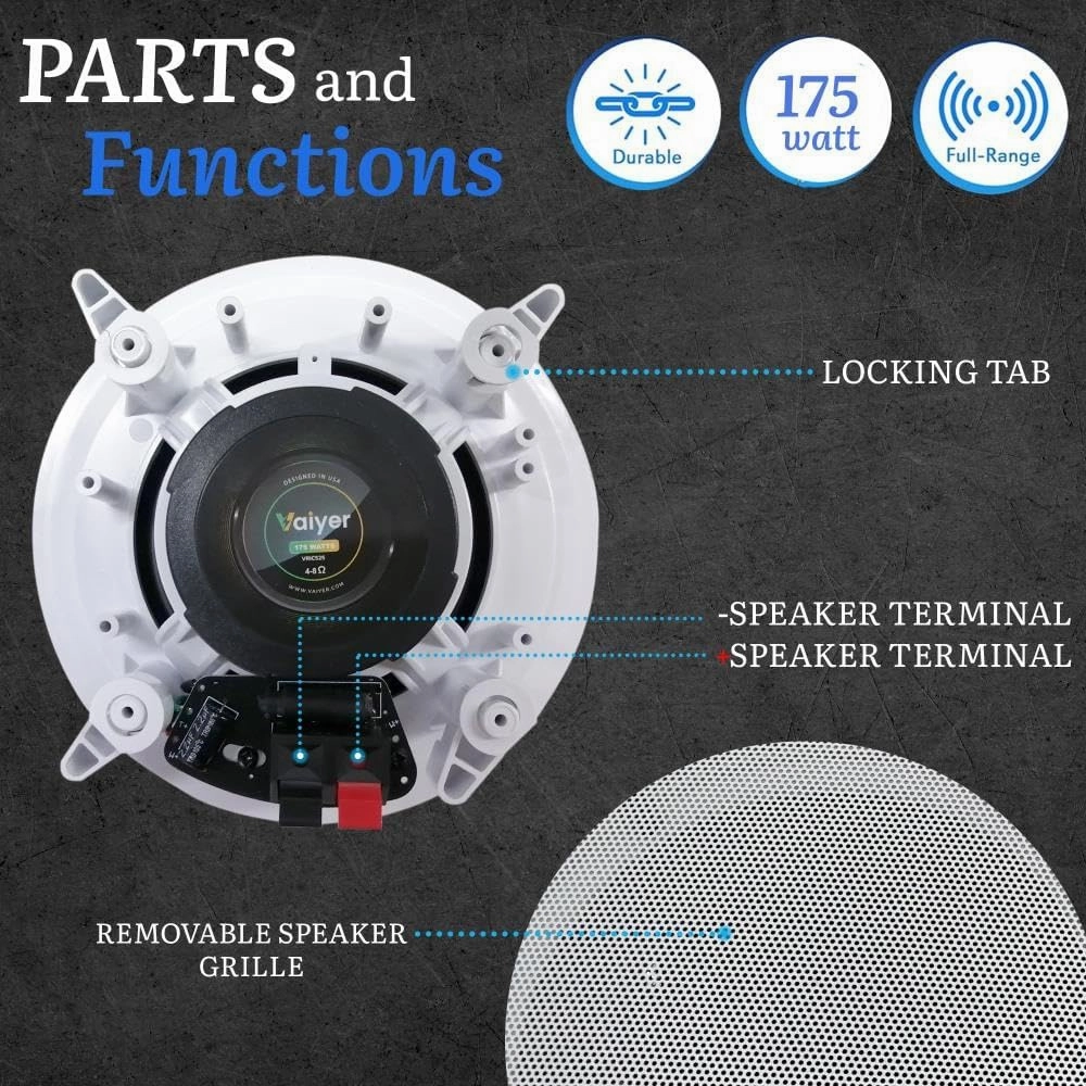 Vaiyer Home Audio System Kit, 6-Channel 6000 Watts Bluetooth Amplifier with 5.25" 10 Qty of 175 W Each in-Wall in-Ceiling Speakers & 16AWG 500 ft. Speaker Wire - Perfect for Home, Office, Restaurants