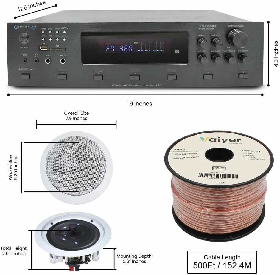 Vaiyer Home Audio System Kit, 6-Channel 6000 Watts Bluetooth Amplifier with 5.25" 10 Qty of 175 W Each in-Wall in-Ceiling Speakers & 16AWG 500 ft. Speaker Wire - Perfect for Home, Office, Restaurants