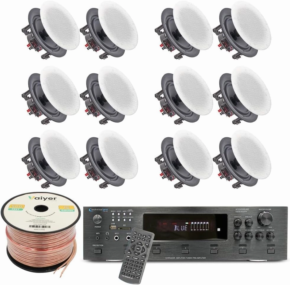 Vaiyer Home Theater System Kit, 6-Channel 6000 Watts Bluetooth Amplifier with 5.25" 12 Qty of 175 W Each in-Wall in-Ceiling Frameless Speakers & 16 Gauge 500 ft Speaker Wire Surround Sound System surround sound system,cinema audio kit,5.1 surround