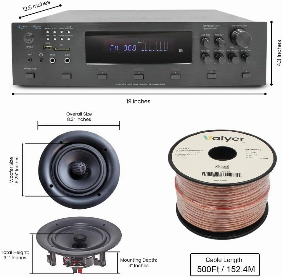 Vaiyer Home Theater System Kit, 6-Channel 6000 Watts Bluetooth Amplifier with 5.25" 12 Qty of 175 W Each in-Wall in-Ceiling Frameless Speakers & 16 Gauge 500 ft Speaker Wire Surround Sound System