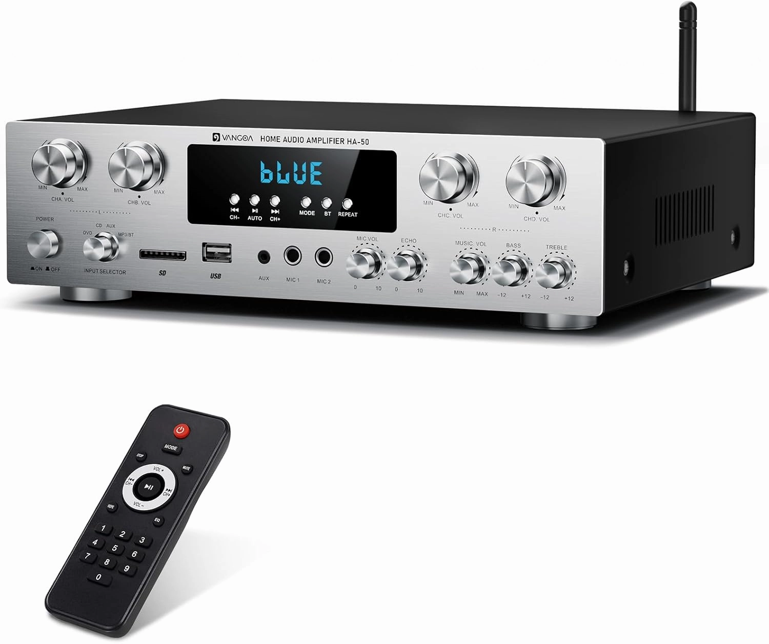 Vangoa Amplifier Home Audio 4 Channel, 440 Watt Wireless Stereo Receiver House Theater Sound Power Amplifiers Speaker Karaoke Amp w/Remote Control, USB/SD/2 Mic-in Echo/EQ/LED/AUX/FM for Studio Office AV receiver,surround receiver,home theater amplifier,