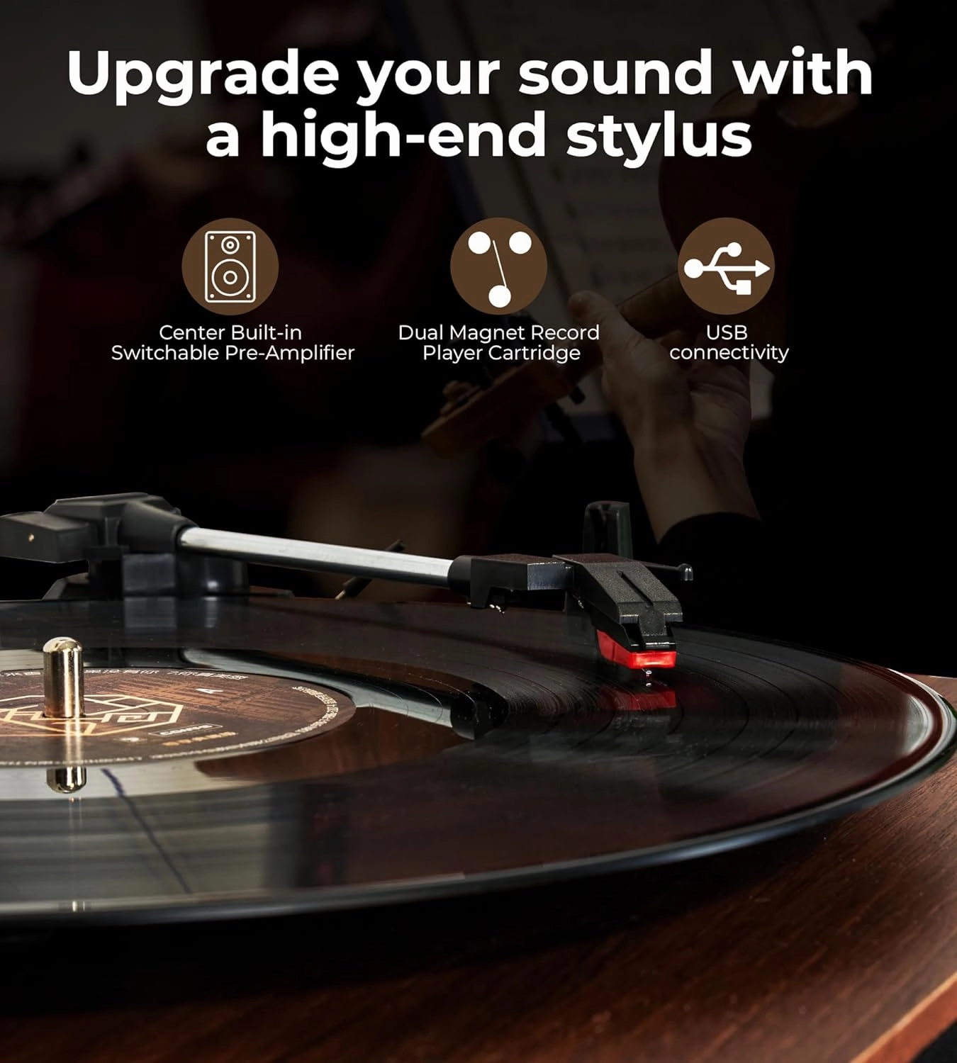 Vangoa Record Player with External Speakers Belt-Drive Turntable for Vinyl Records Dual Stereo Speakers LP Players Support 3 Speed 3 Size Wireless Playback AUX Headphone Input Auto Stop, Brown