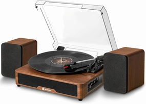 Vangoa Record Player with External Speakers Belt-Drive Turntable for Vinyl Records Dual Stereo Speakers LP Players Support 3 Speed 3 Size Wireless Playback AUX Headphone Input Auto Stop, Brown belt-drive turntable,vinyl record player,audiophile turntable,