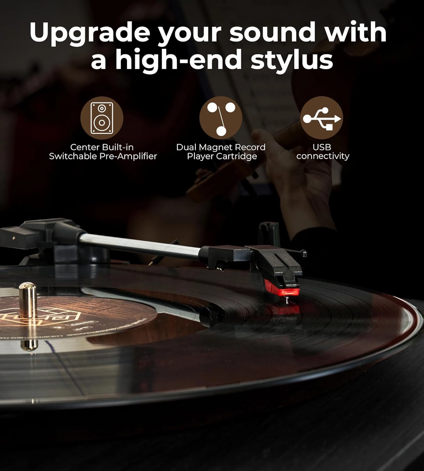 Vangoa Vinyl Record Player Turntable with 2 Stereo Speakers, 3-Speed Belt-Driven Turntables for Vinyl Records Supports AUX-in, RCA Line, USB, Wireless Playback, Black