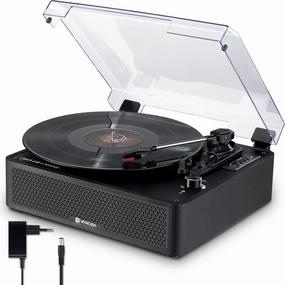 Vangoa Vinyl Record Player with 2 Built-in Speakers, Wireless Belt Drive Turntable Support 3 Speed 3 Size, AUX-in, Headphone, RCA All-in-one Retro Vinyl Players, RP-02, Black belt-drive turntable,vinyl record player,audiophile turntable,