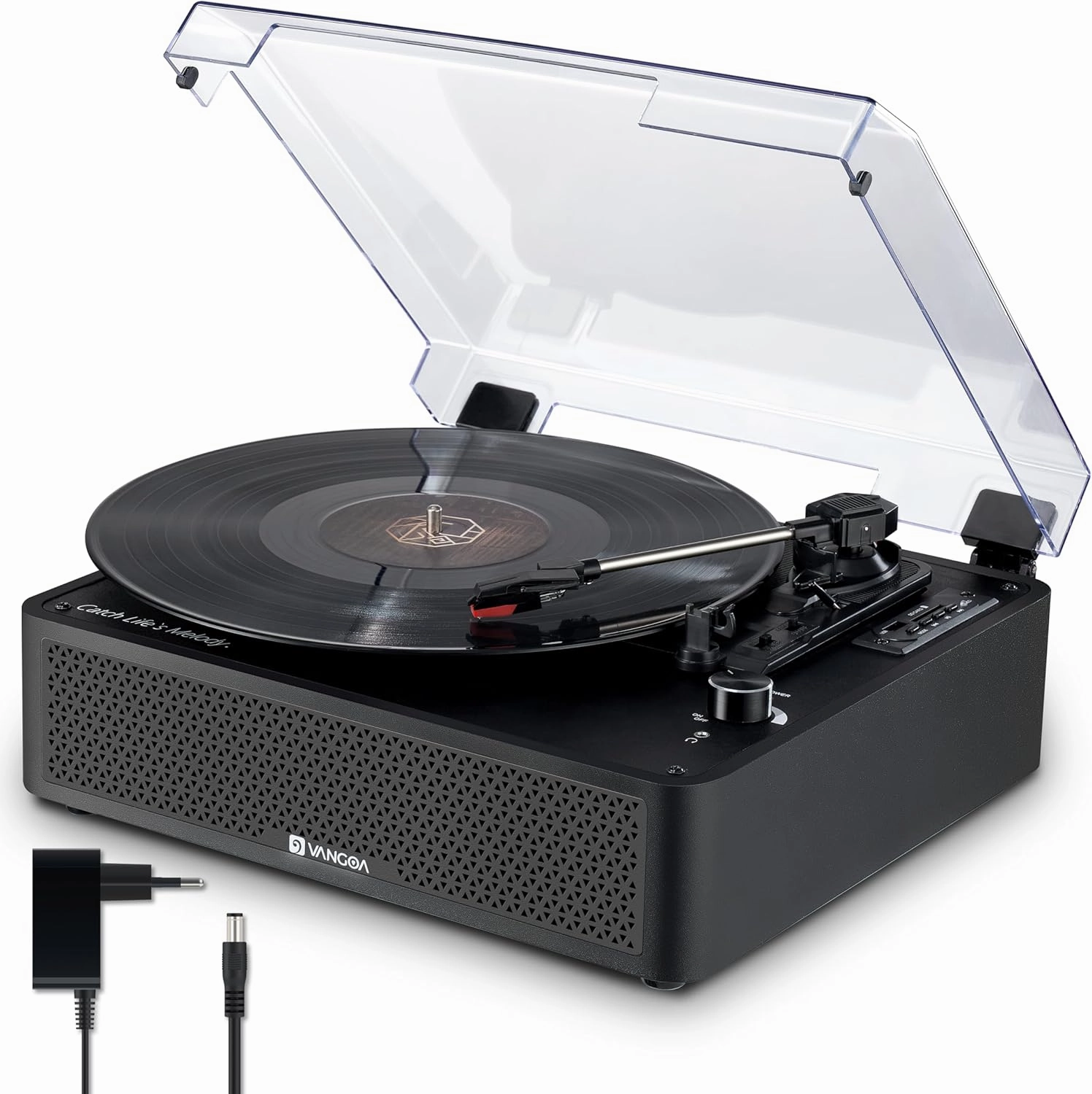 Vangoa Vinyl Record Player with 2 Built-in Speakers, Wireless Belt Drive Turntable Support 3 Speed 3 Size, AUX-in, Headphone, RCA All-in-one Retro Vinyl Players, RP-02, Black belt-drive turntable,vinyl record player,audiophile turntable,