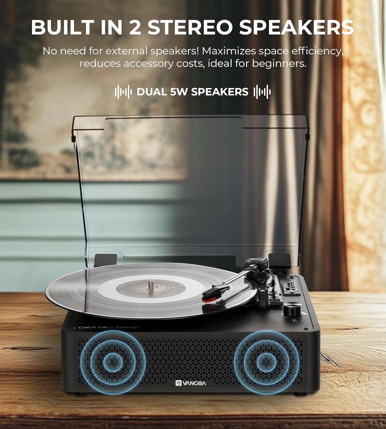 Vangoa Vinyl Record Player with 2 Built-in Speakers, Wireless Belt Drive Turntable Support 3 Speed 3 Size, AUX-in, Headphone, RCA All-in-one Retro Vinyl Players, RP-02, Black