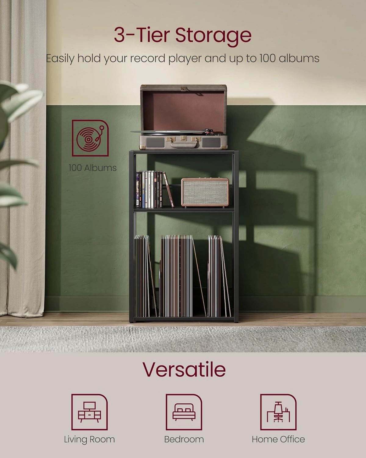 VASAGLE Record Player Stand, 3-Tier Side Table, Vinyl Record Storage up to 100 Albums, End Table for Living Room, Bedroom, Ebony Black ULET275B01
