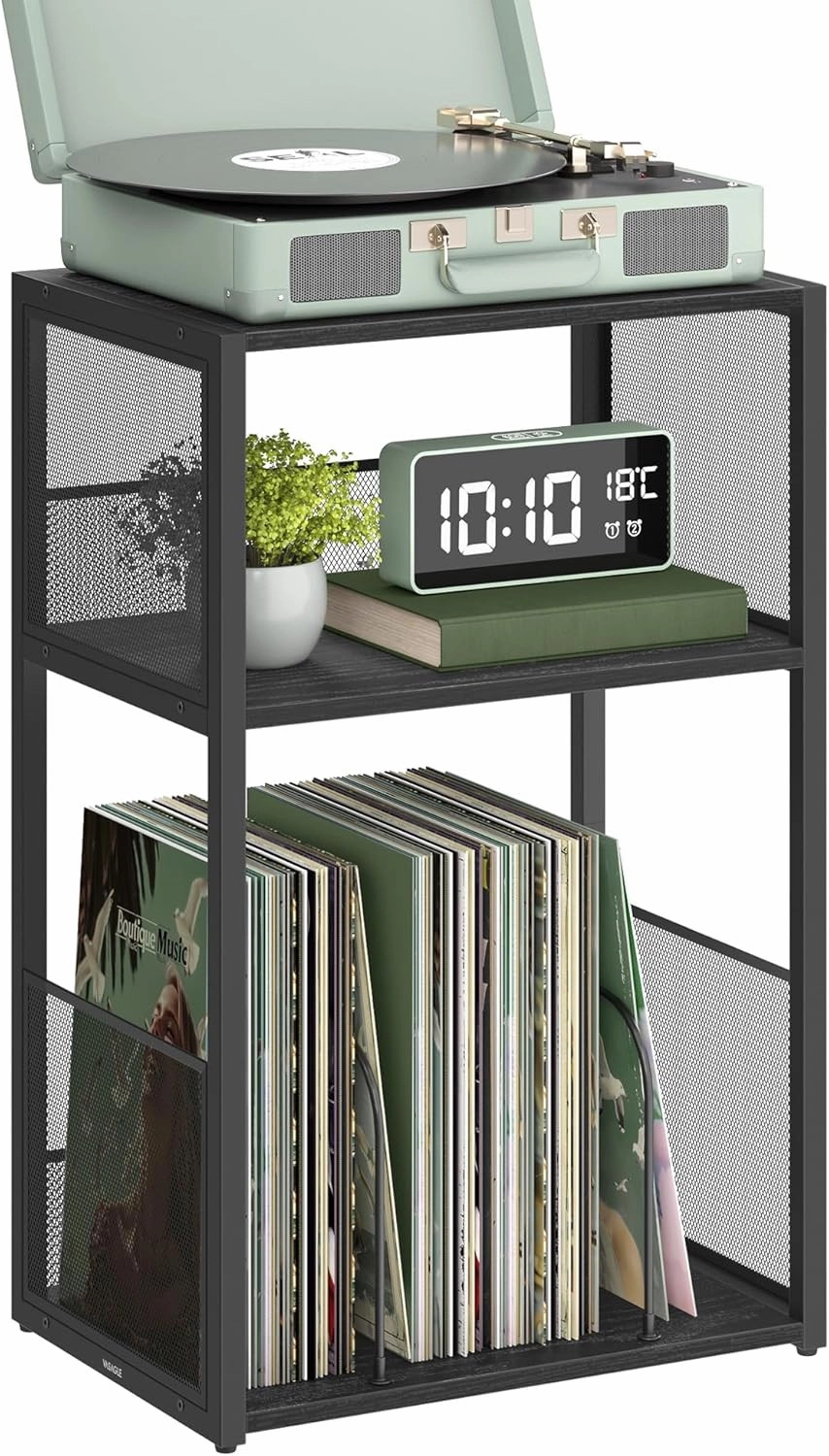 VASAGLE Record Player Stand, 3-Tier Side Table, Vinyl Record Storage up to 100 Albums, End Table for Living Room, Bedroom, Ebony Black ULET275B01 record cleaning kit,vinyl cleaner,stylus brush set,