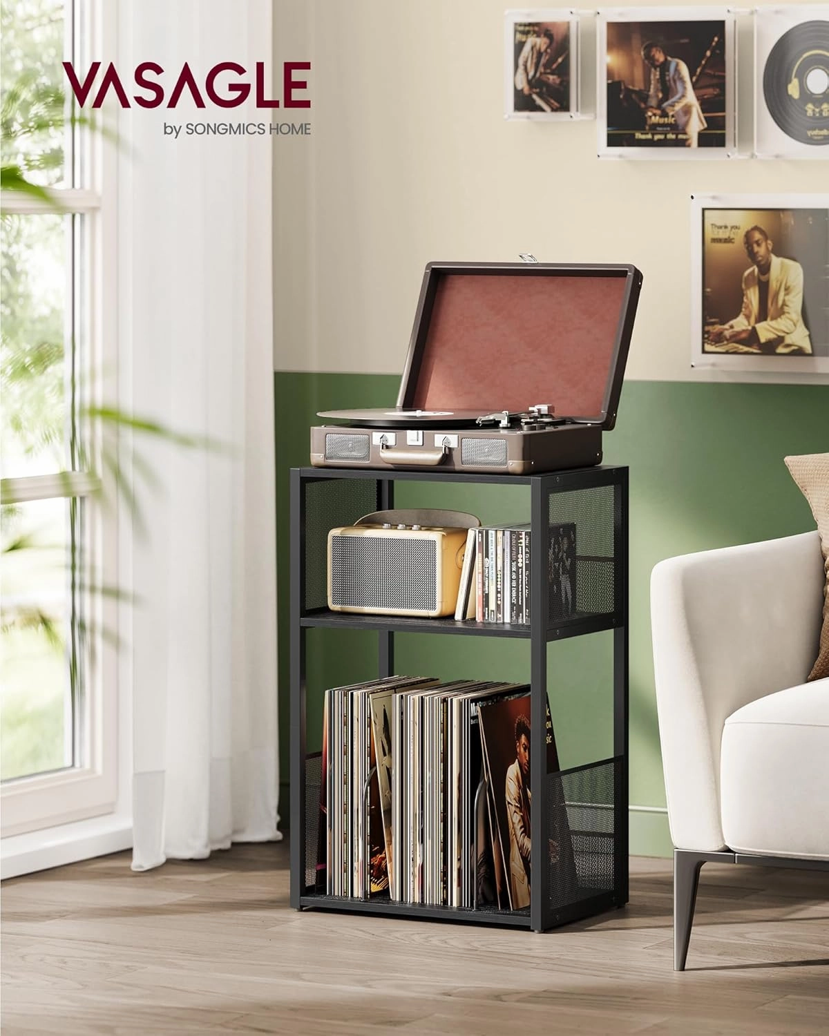 VASAGLE Record Player Stand, 3-Tier Side Table, Vinyl Record Storage up to 100 Albums, End Table for Living Room, Bedroom, Ebony Black ULET275B01