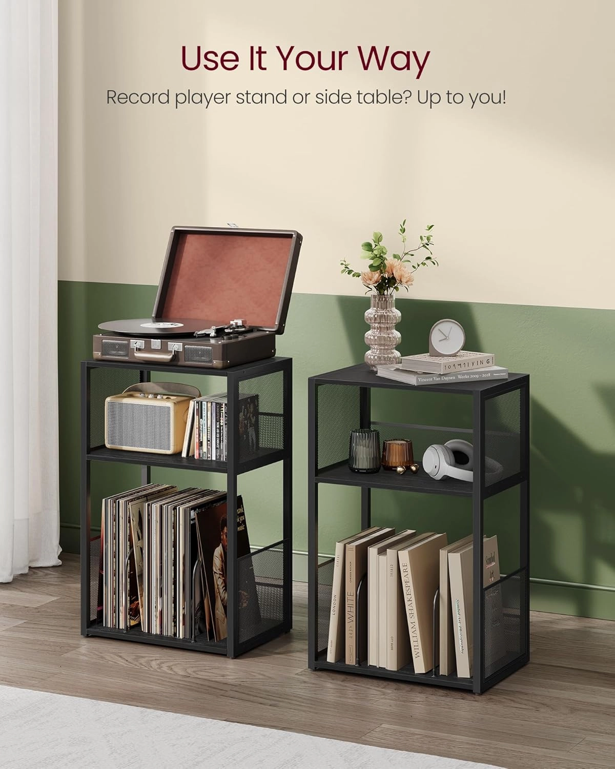 VASAGLE Record Player Stand, 3-Tier Side Table, Vinyl Record Storage up to 100 Albums, End Table for Living Room, Bedroom, Ebony Black ULET275B01