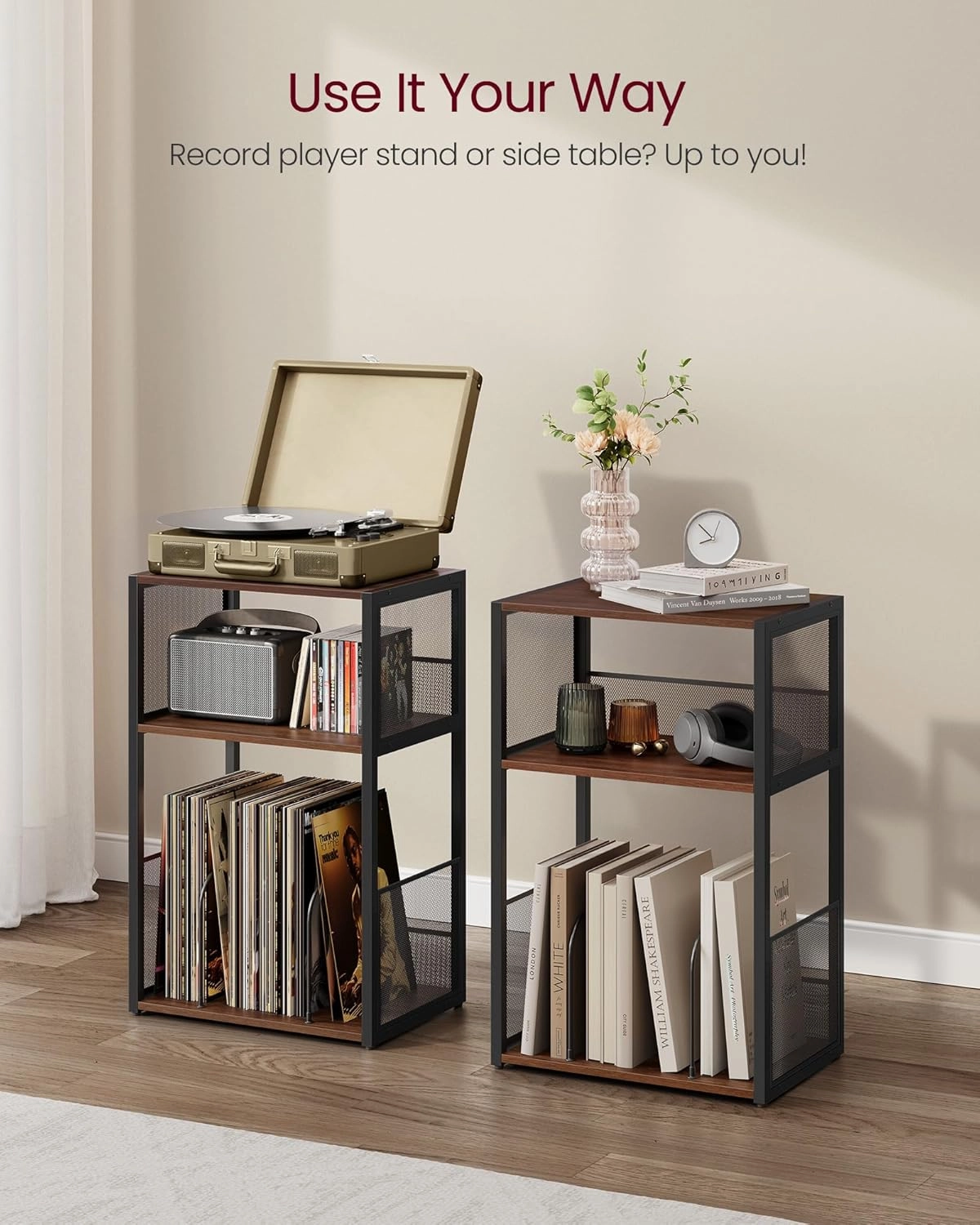 VASAGLE Record Player Stand, 3-Tier Side Table, Vinyl Record Storage up to 100 Albums, End Table for Living Room, Bedroom, Natural Walnut ULET275K02