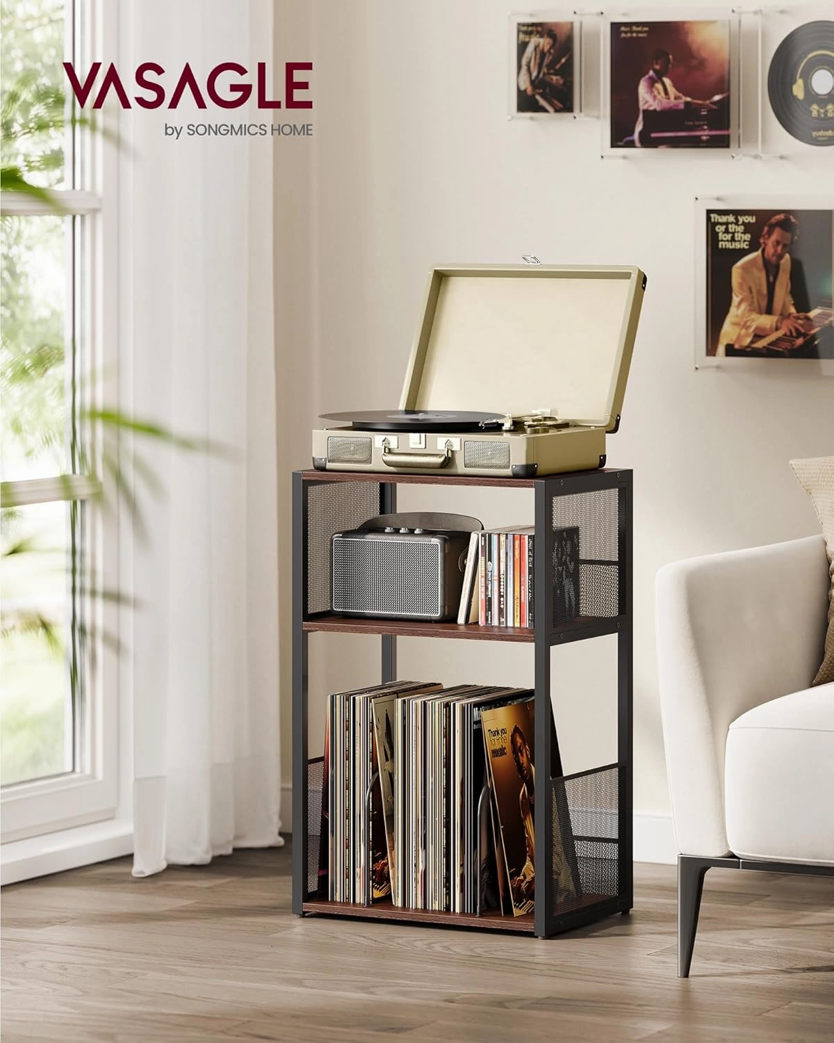 VASAGLE Record Player Stand, 3-Tier Side Table, Vinyl Record Storage up to 100 Albums, End Table for Living Room, Bedroom, Natural Walnut ULET275K02