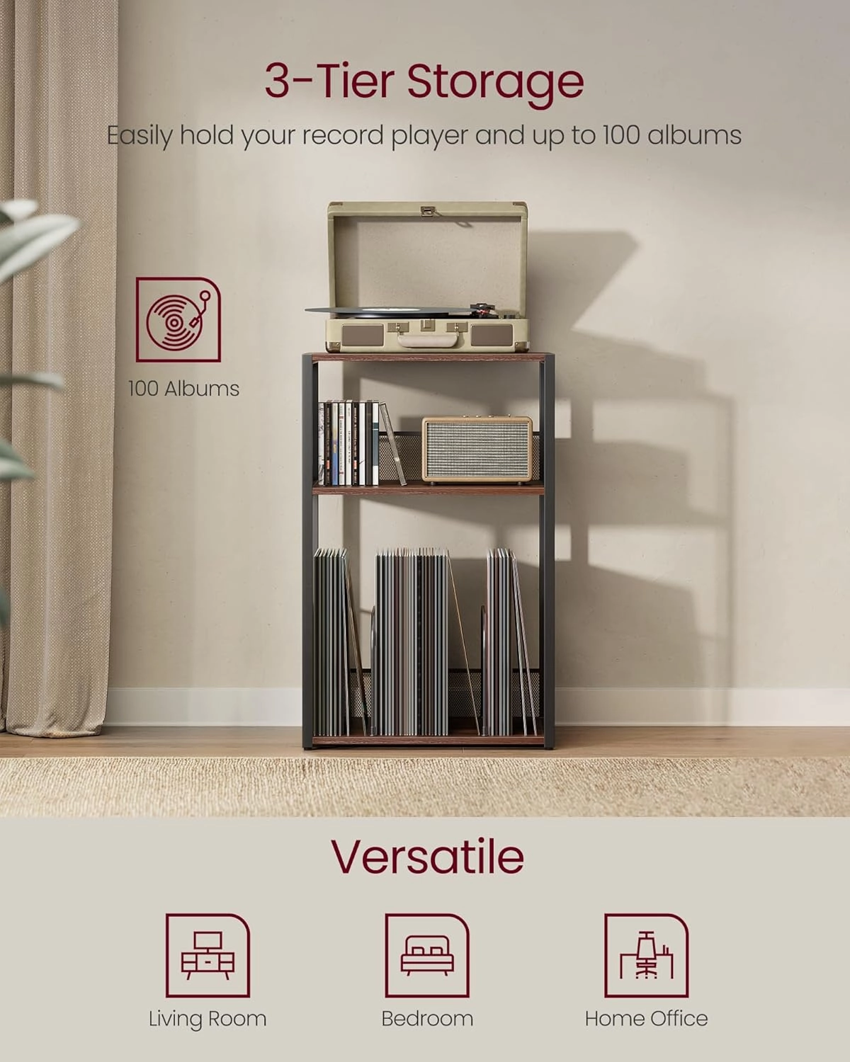 VASAGLE Record Player Stand, 3-Tier Side Table, Vinyl Record Storage up to 100 Albums, End Table for Living Room, Bedroom, Natural Walnut ULET275K02