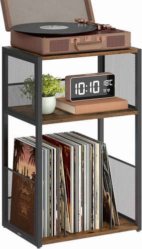 VASAGLE Record Player Stand, 3-Tier Side Table, Vinyl Record Storage up to 100 Albums, End Table for Living Room, Bedroom, Rustic Brown ULET275K01 record cleaning kit,vinyl cleaner,stylus brush set,