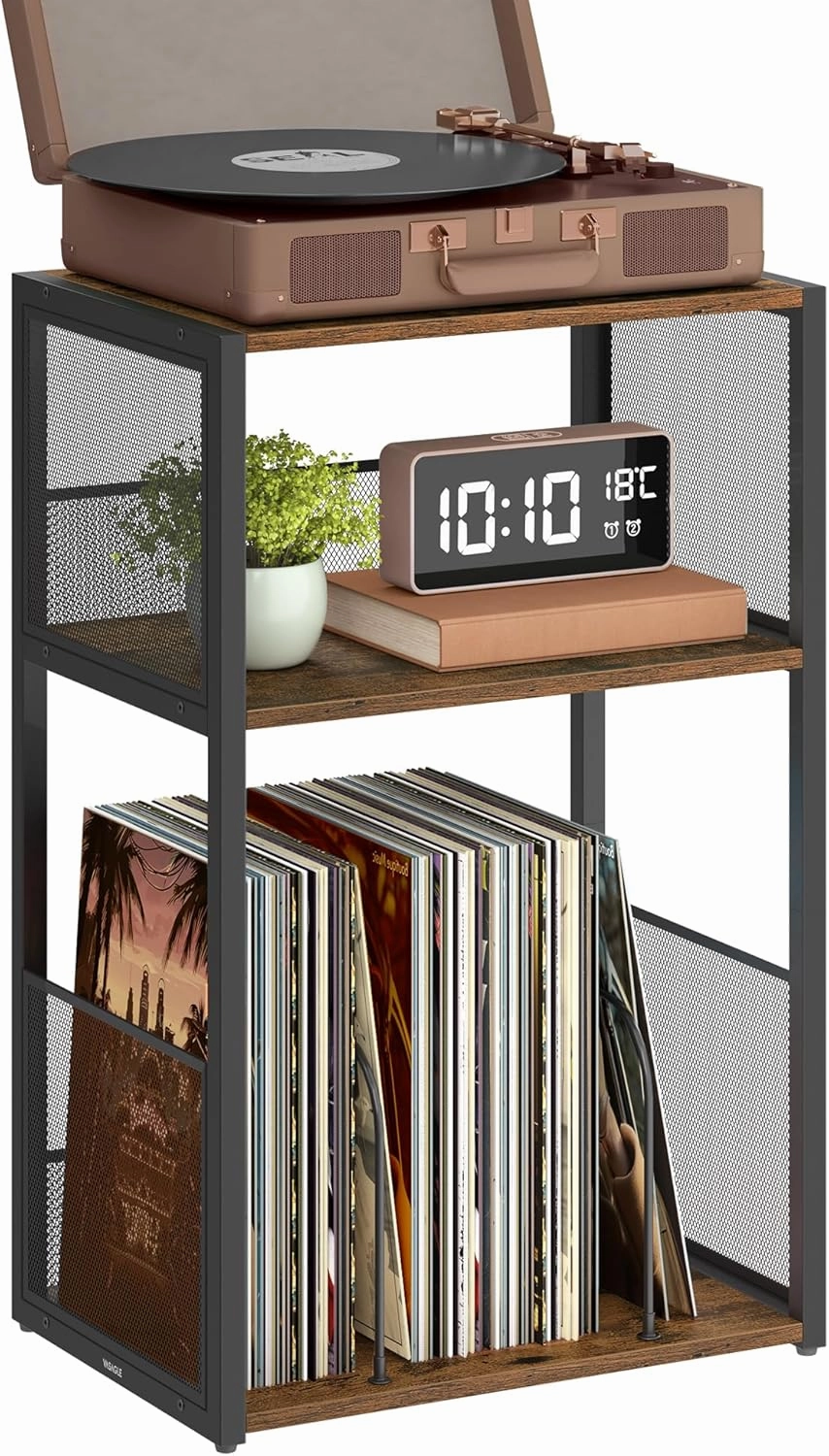 VASAGLE Record Player Stand, 3-Tier Side Table, Vinyl Record Storage up to 100 Albums, End Table for Living Room, Bedroom, Rustic Brown ULET275K01 record cleaning kit,vinyl cleaner,stylus brush set,