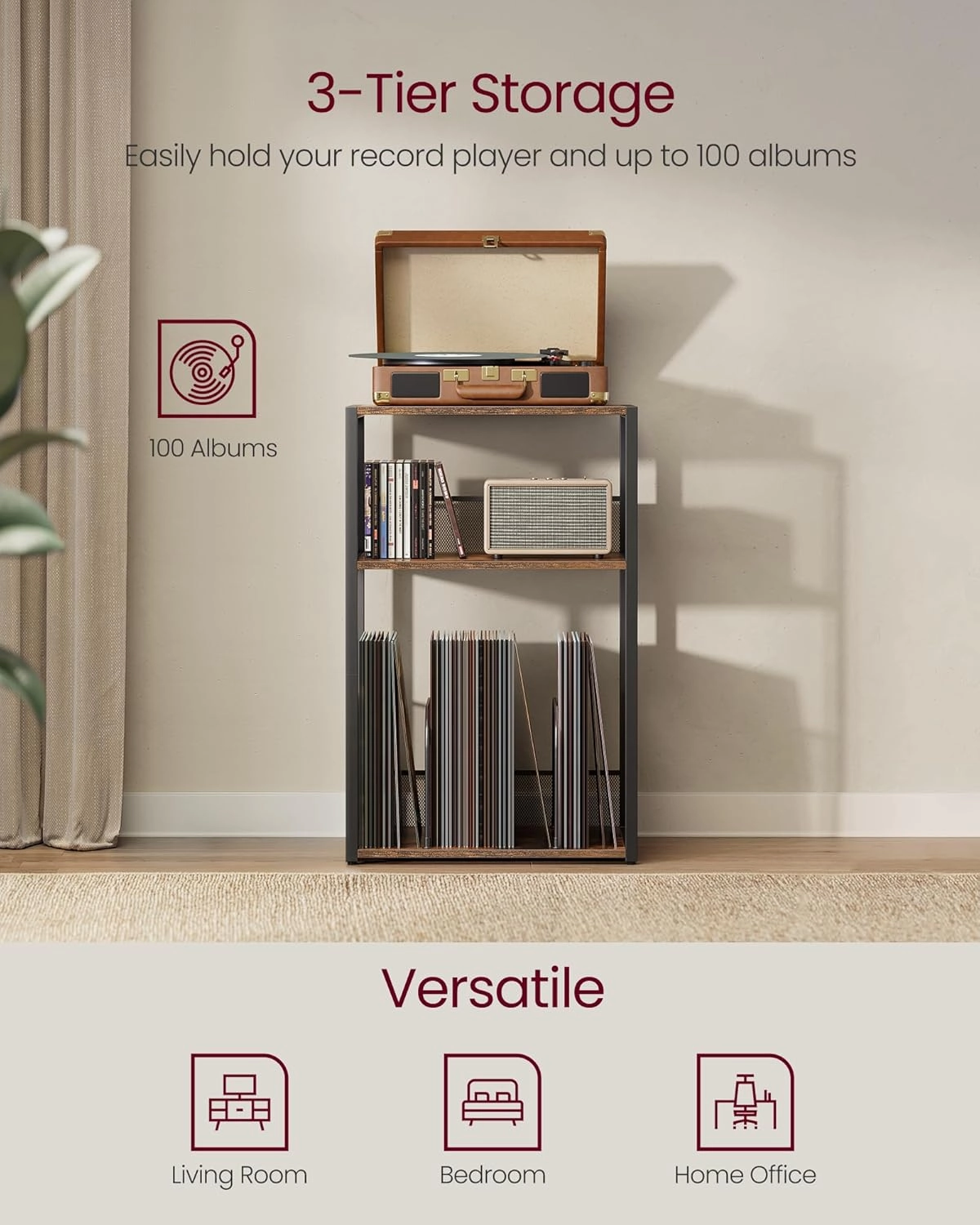 VASAGLE Record Player Stand, 3-Tier Side Table, Vinyl Record Storage up to 100 Albums, End Table for Living Room, Bedroom, Rustic Brown ULET275K01