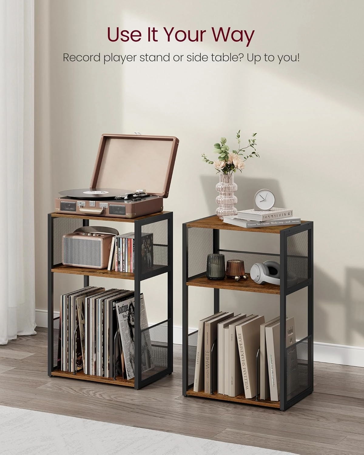 VASAGLE Record Player Stand, 3-Tier Side Table, Vinyl Record Storage up to 100 Albums, End Table for Living Room, Bedroom, Rustic Brown ULET275K01