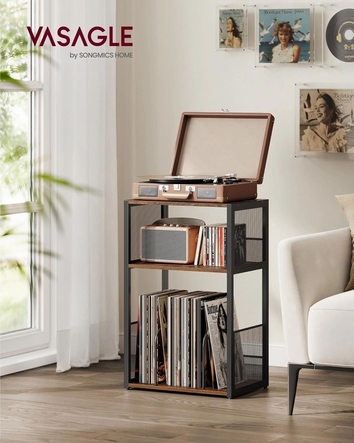 VASAGLE Record Player Stand, 3-Tier Side Table, Vinyl Record Storage up to 100 Albums, End Table for Living Room, Bedroom, Rustic Brown ULET275K01