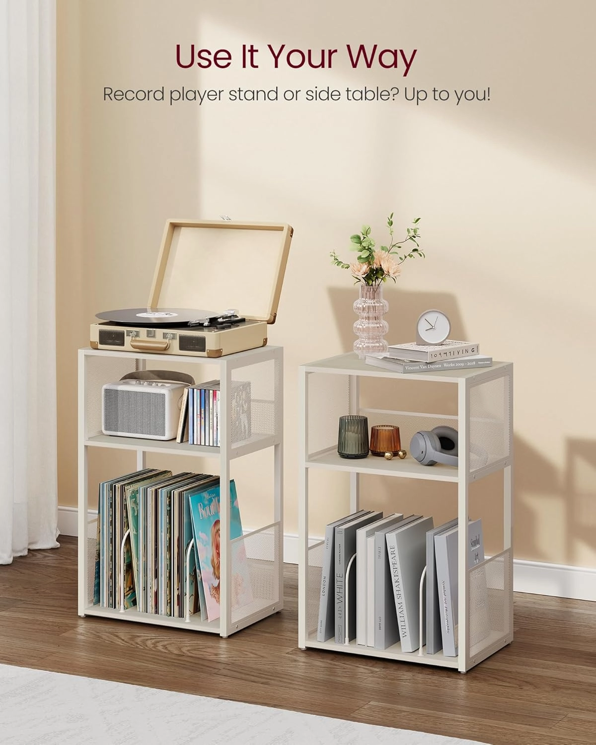 VASAGLE Record Player Stand, 3-Tier Side Table, Vinyl Record Storage up to 100 Albums, End Table for Living Room, Bedroom, Rustic White ULET275W01