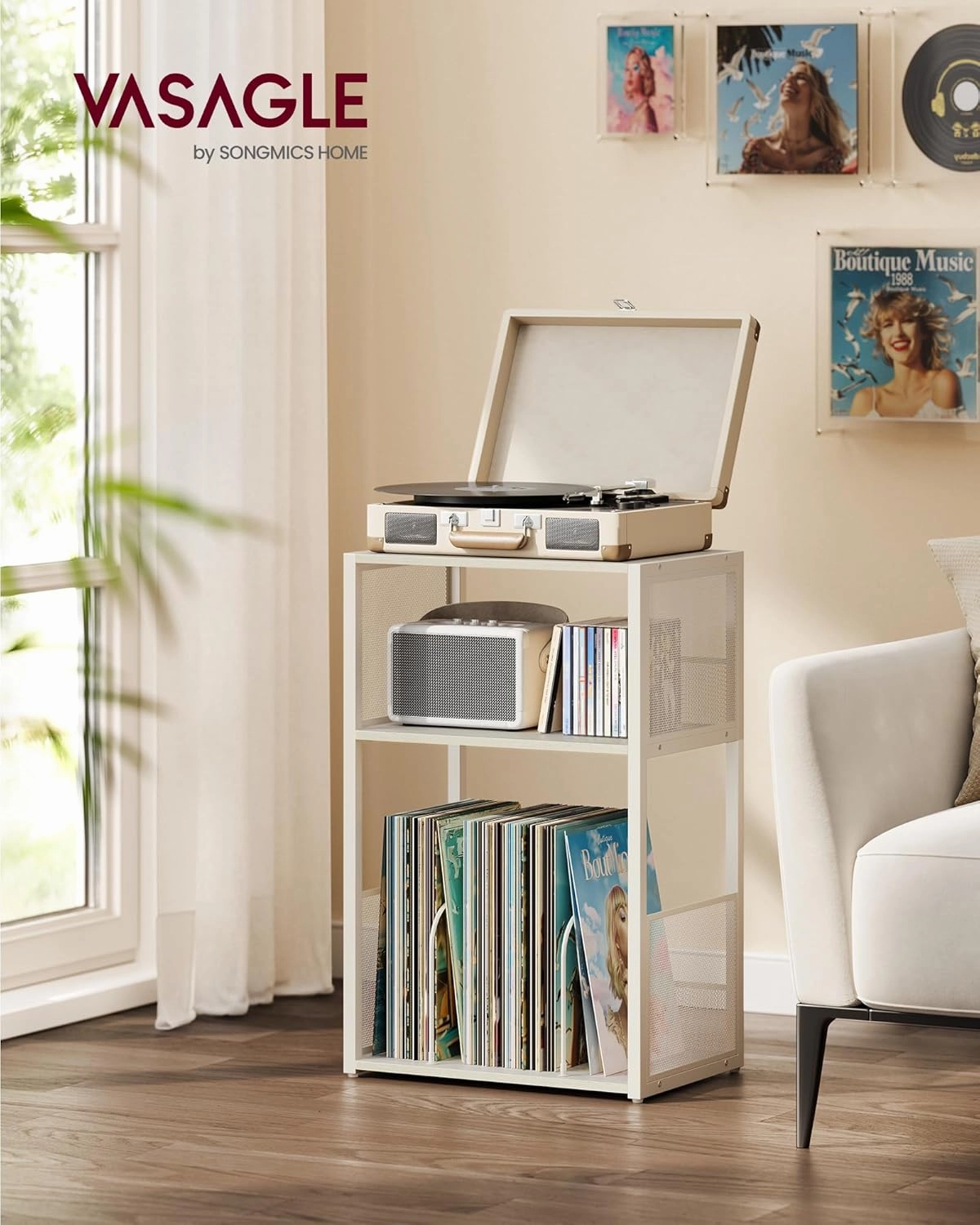 VASAGLE Record Player Stand, 3-Tier Side Table, Vinyl Record Storage up to 100 Albums, End Table for Living Room, Bedroom, Rustic White ULET275W01