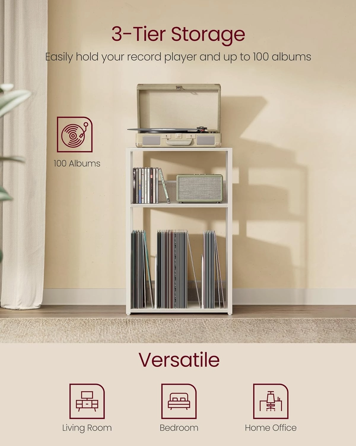 VASAGLE Record Player Stand, 3-Tier Side Table, Vinyl Record Storage up to 100 Albums, End Table for Living Room, Bedroom, Rustic White ULET275W01