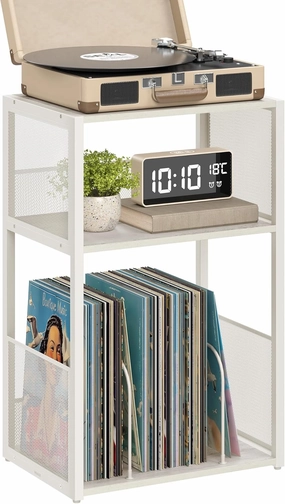 VASAGLE Record Player Stand, 3-Tier Side Table, Vinyl Record Storage up to 100 Albums, End Table for Living Room, Bedroom, Rustic White ULET275W01 record cleaning kit,vinyl cleaner,stylus brush set,