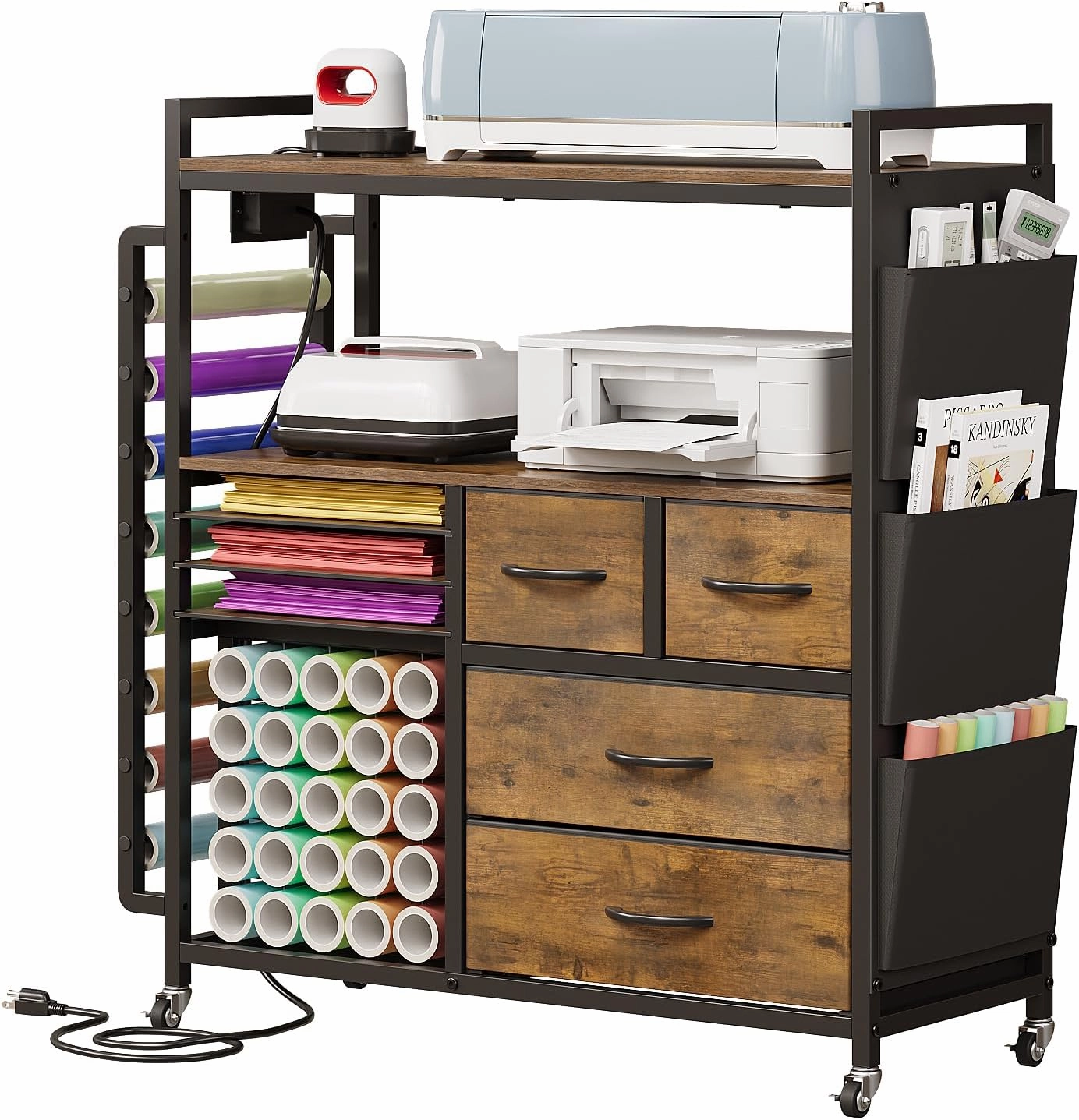 VENNQD Large Craft Organizer and Storage Rolling Cart Compatible with Cricut Machine with Fabric Drawers Vinyl Roll Holder Accessories for Home Craft Workstation Room (Rustic Brown) vinyl accessories,turntable parts,record player tools,