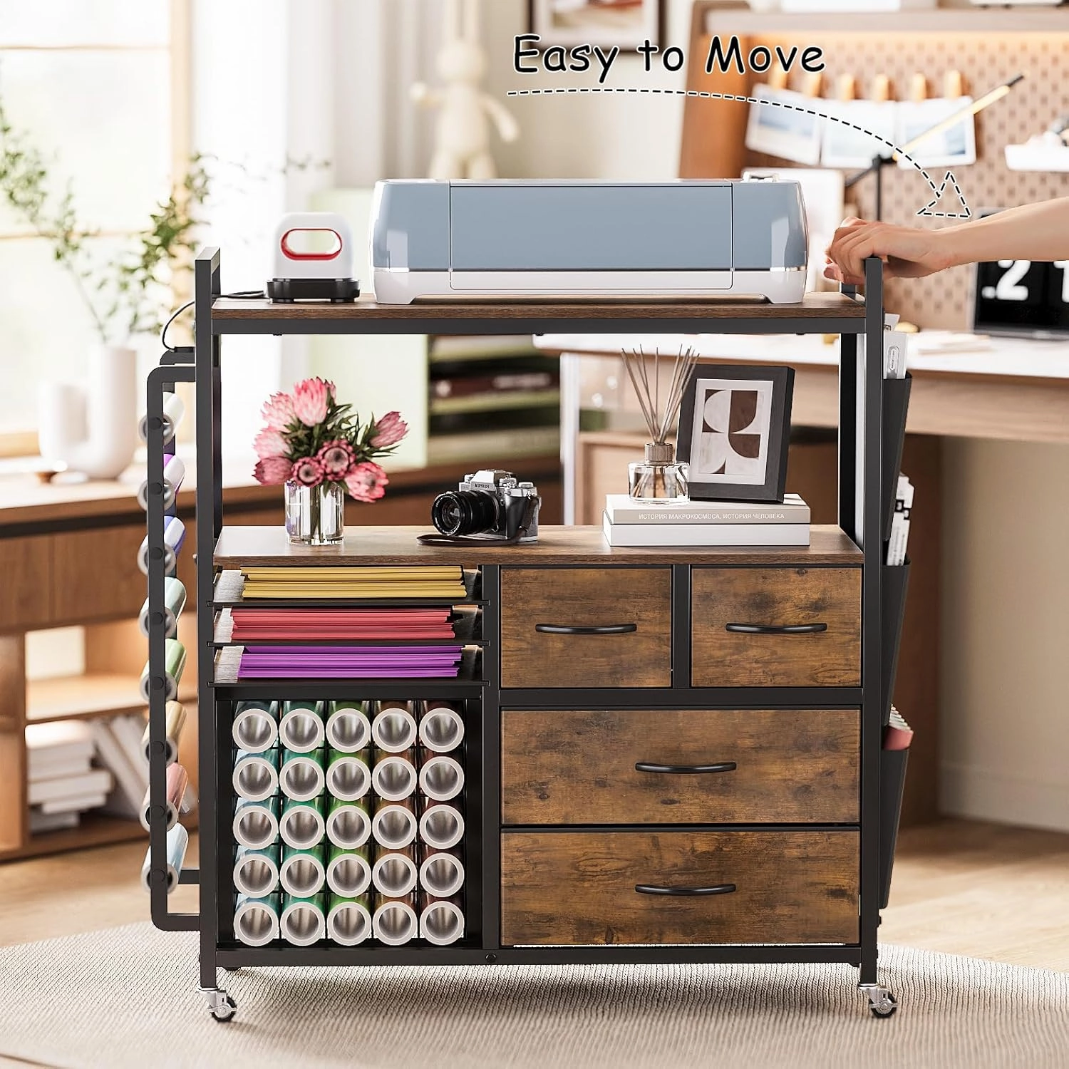 VENNQD Large Craft Organizer and Storage Rolling Cart Compatible with Cricut Machine with Fabric Drawers Vinyl Roll Holder Accessories for Home Craft Workstation Room (Rustic Brown)