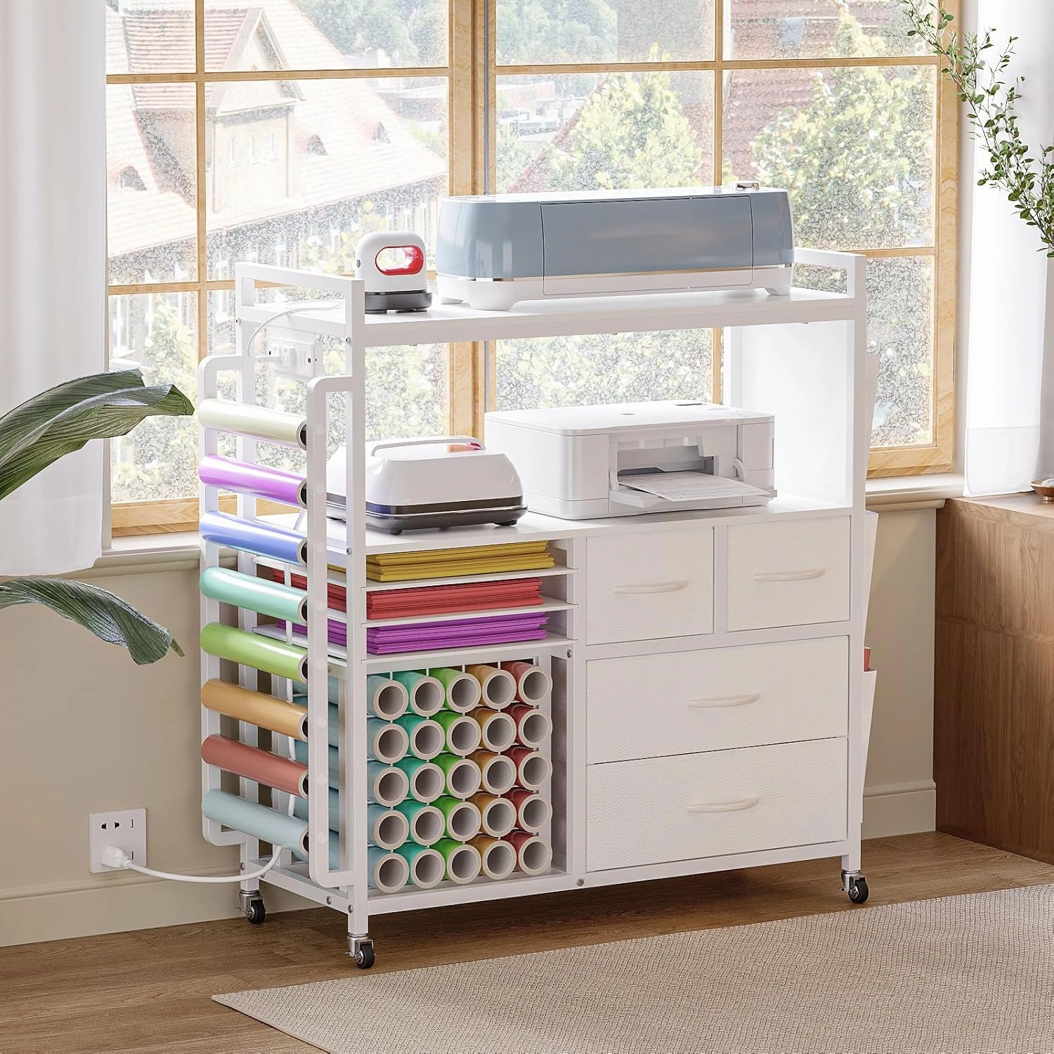 VENNQD Large Craft Organizer and Storage Rolling Cart Compatible with Cricut Machine with Fabric Drawers Vinyl Roll Holder Accessories for Home Craft Workstation Room (White)