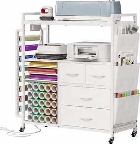 VENNQD Large Craft Organizer and Storage Rolling Cart Compatible with Cricut Machine with Fabric Drawers Vinyl Roll Holder Accessories for Home Craft Workstation Room (White) vinyl storage,record holder,LP organizer,