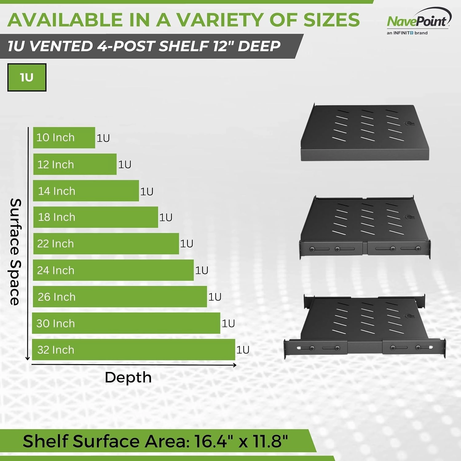 Vented 4-Post Shelf, Adjustable, Black, 300 mm Depth, 1U, 242 lbs, Cold Rolled Steel