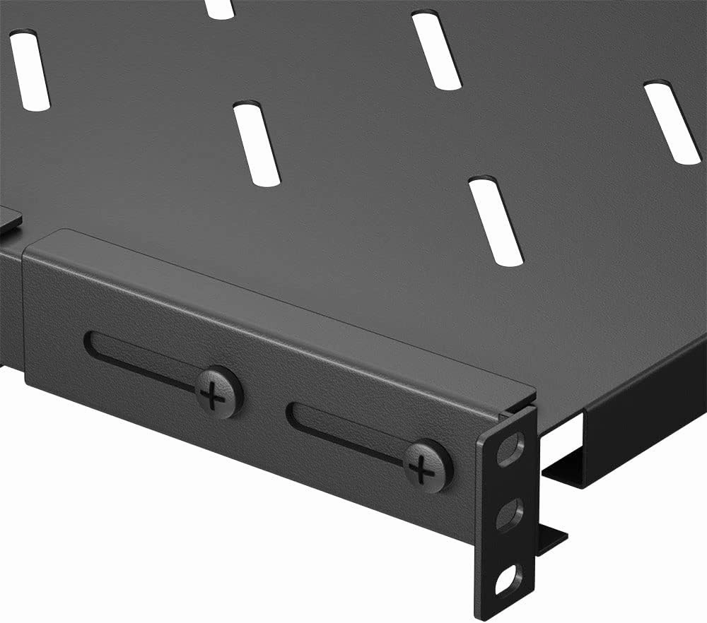 Vented 4-Post Shelf, Adjustable, Black, 300 mm Depth, 1U, 242 lbs, Cold Rolled Steel