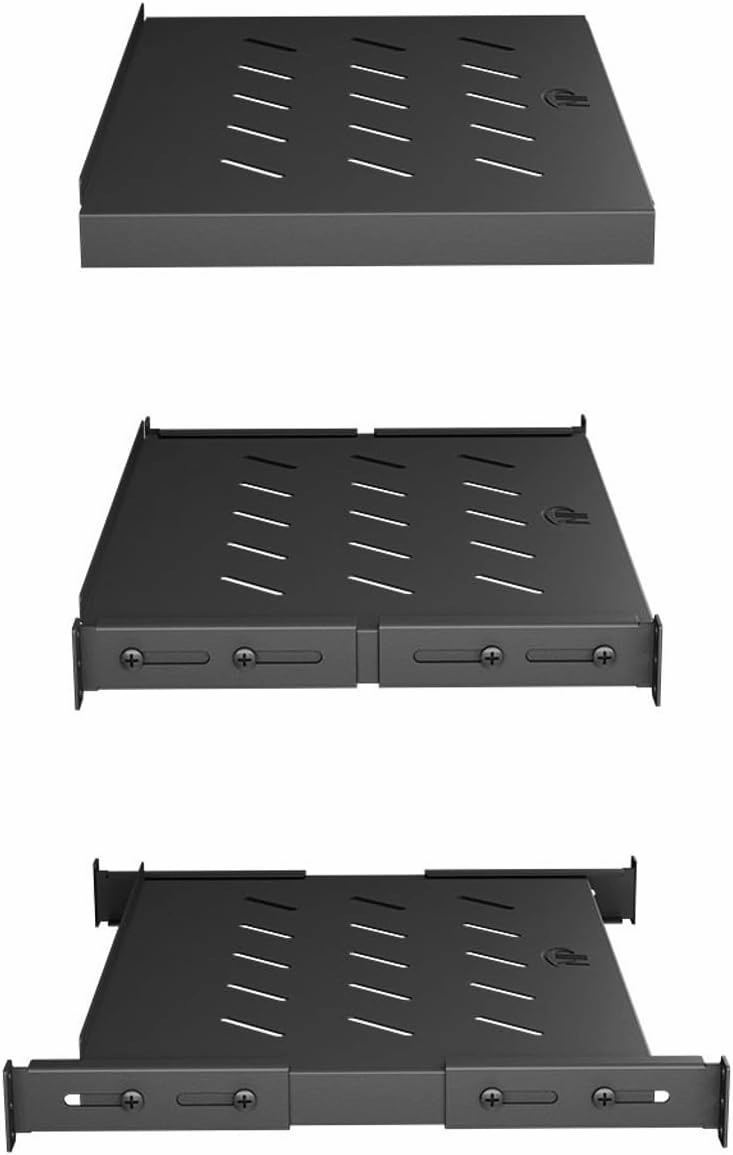 Vented 4-Post Shelf, Adjustable, Black, 300 mm Depth, 1U, 242 lbs, Cold Rolled Steel