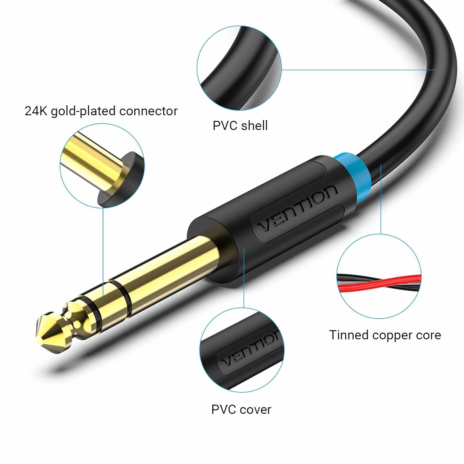 Vention 1/8" to 1/4" Male to Male Stereo Cable 3.5mm TRS to 6.35mm Audio Cable Guitar to Aux Male Cord for Cellphone, Amplifiers, Guitar, Laptop, Home Theater Devices, Speaker (2M/6ft)