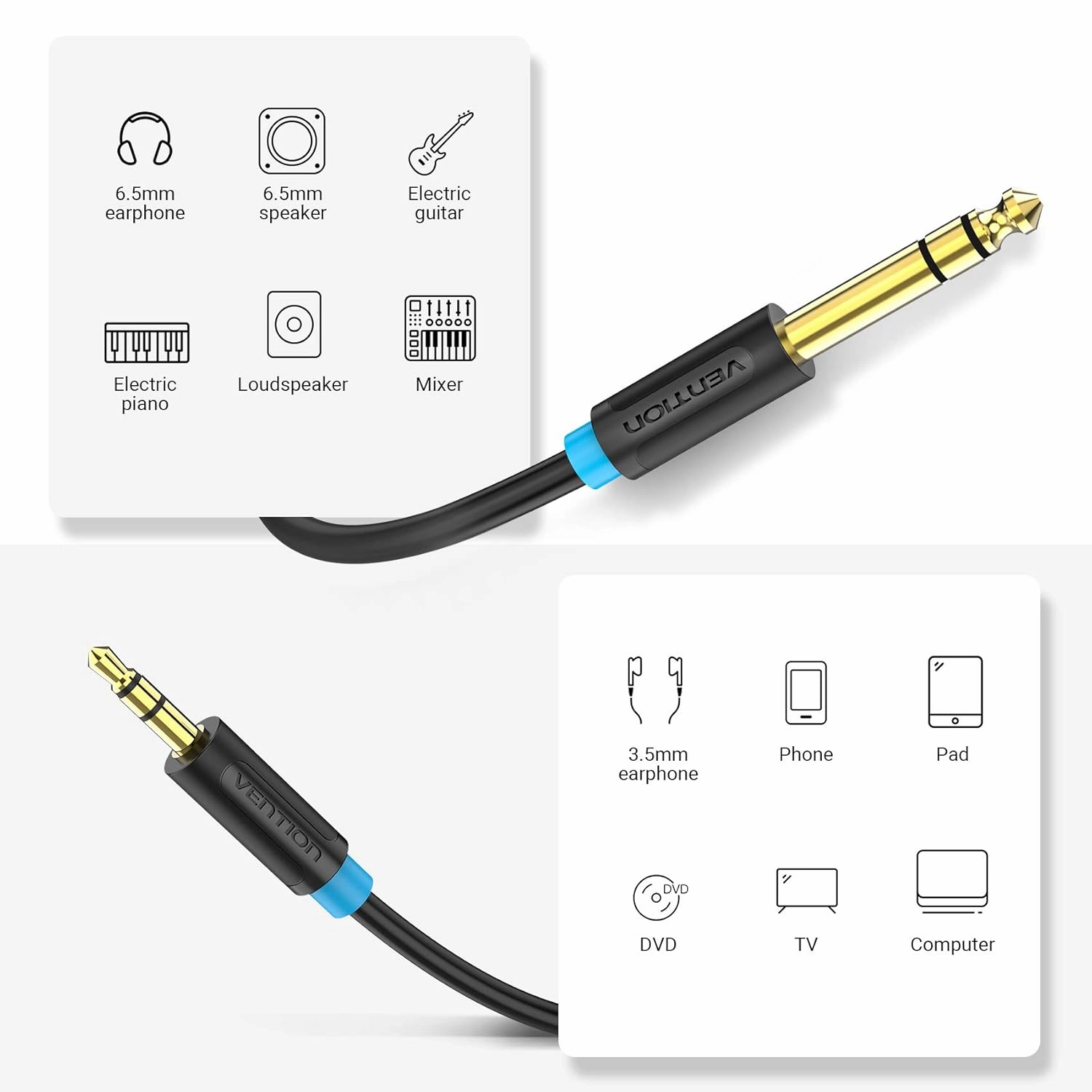 Vention 1/8" to 1/4" Male to Male Stereo Cable 3.5mm TRS to 6.35mm Audio Cable Guitar to Aux Male Cord for Cellphone, Amplifiers, Guitar, Laptop, Home Theater Devices, Speaker (2M/6ft)