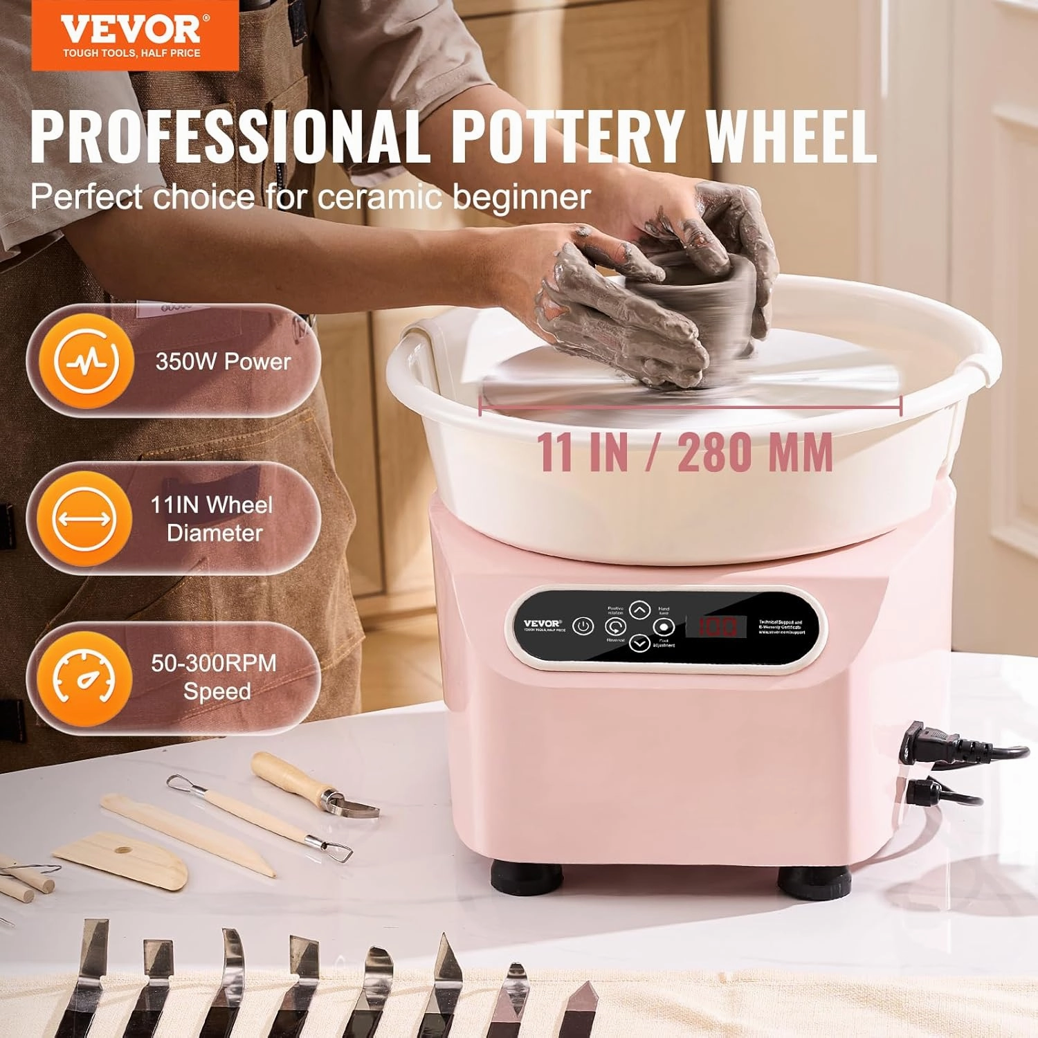 VEVOR 11inch Pottery Wheel Direct Drive, 350W Ceramic Forming Machine with LCD Touch Screen Foot Pedal 50-300RPM Adjustable Speed, 18PCS Accessory Tools Kit, Craft Gift For Kids Adults Beginners, Pink