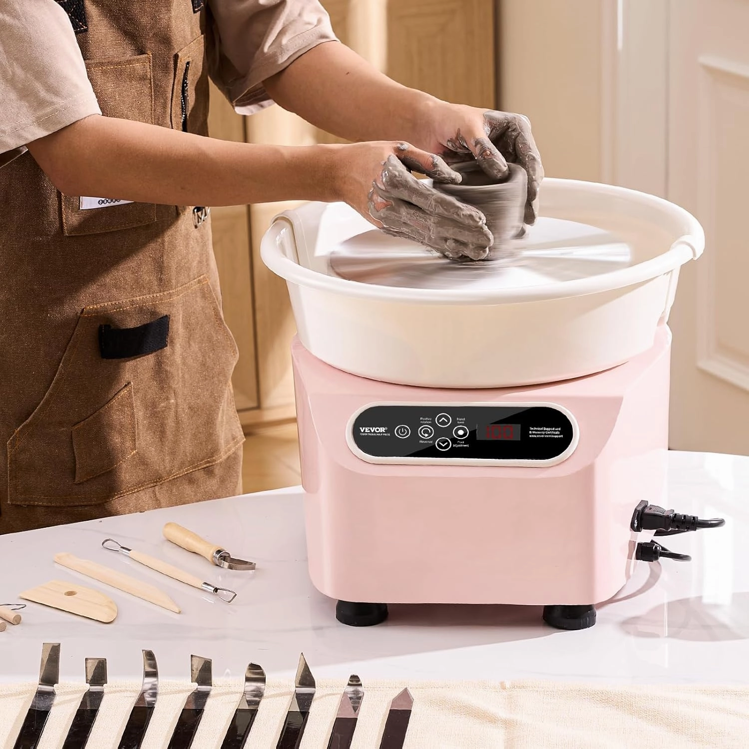 VEVOR 11inch Pottery Wheel Direct Drive, 350W Ceramic Forming Machine with LCD Touch Screen Foot Pedal 50-300RPM Adjustable Speed, 18PCS Accessory Tools Kit, Craft Gift For Kids Adults Beginners, Pink
