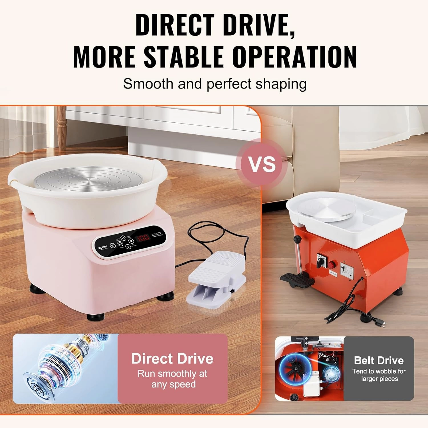 VEVOR 11inch Pottery Wheel Direct Drive, 350W Ceramic Forming Machine with LCD Touch Screen Foot Pedal 50-300RPM Adjustable Speed, 18PCS Accessory Tools Kit, Craft Gift For Kids Adults Beginners, Pink