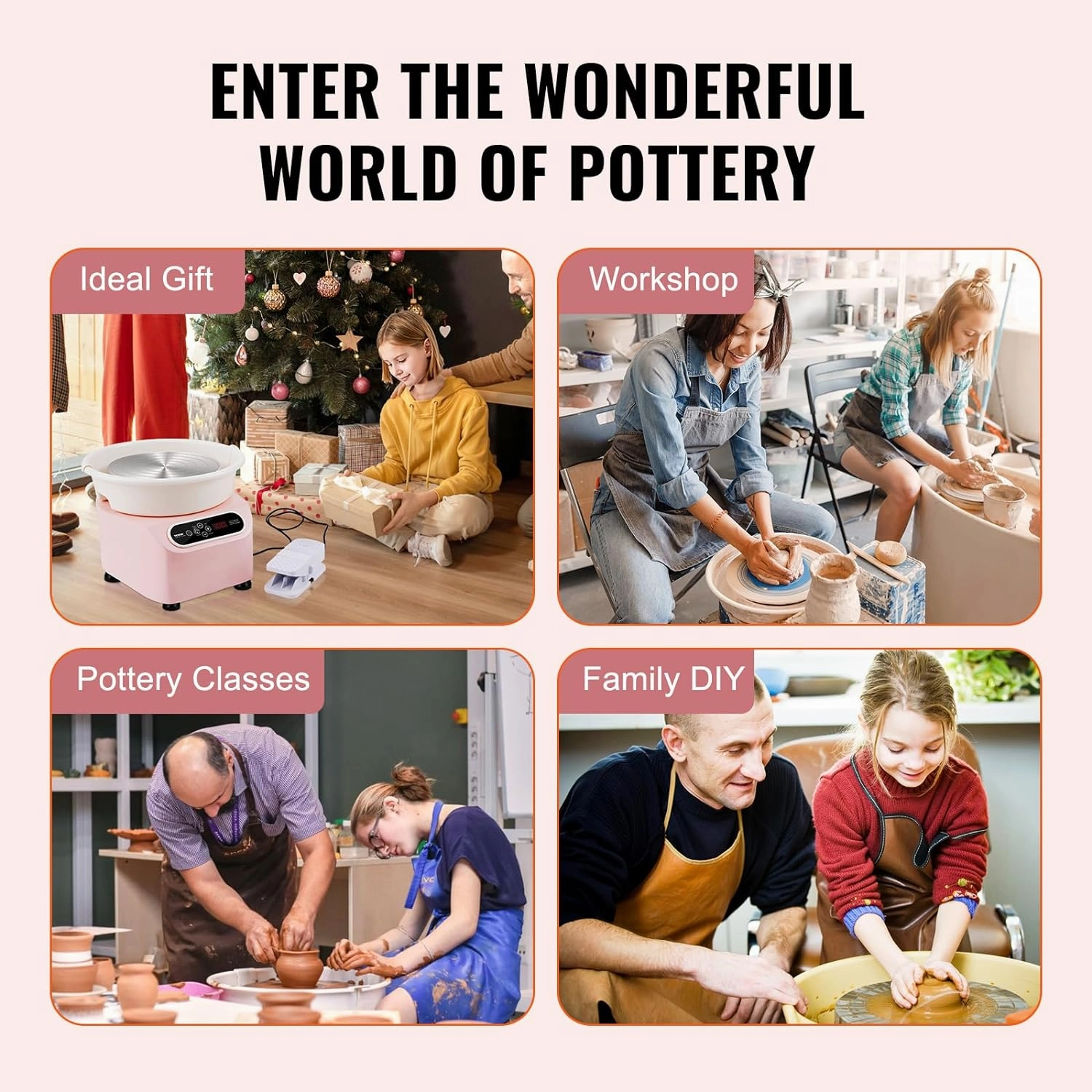 VEVOR 11inch Pottery Wheel Direct Drive, 350W Ceramic Forming Machine with LCD Touch Screen Foot Pedal 50-300RPM Adjustable Speed, 18PCS Accessory Tools Kit, Craft Gift For Kids Adults Beginners, Pink